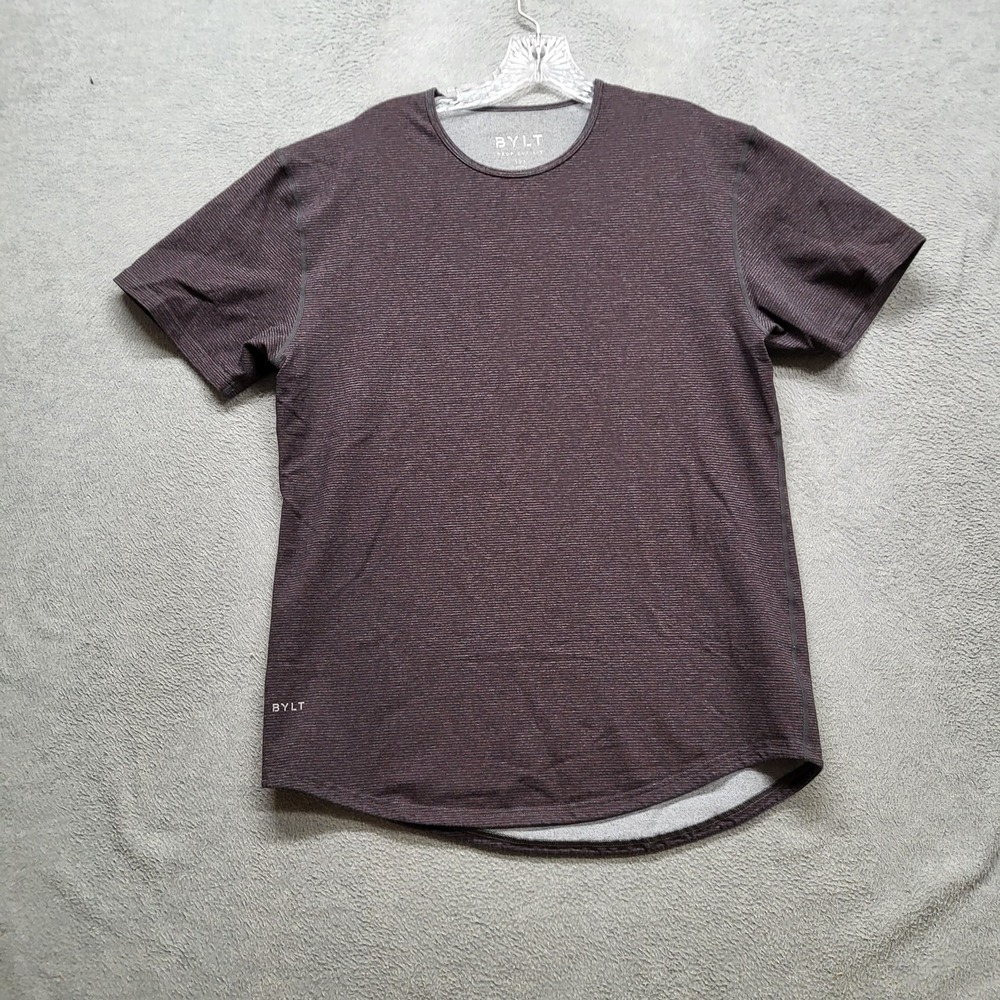BYLT Men Shirt L Gray Striped Drop Cut LUX Normcore Logo Short Sleeve